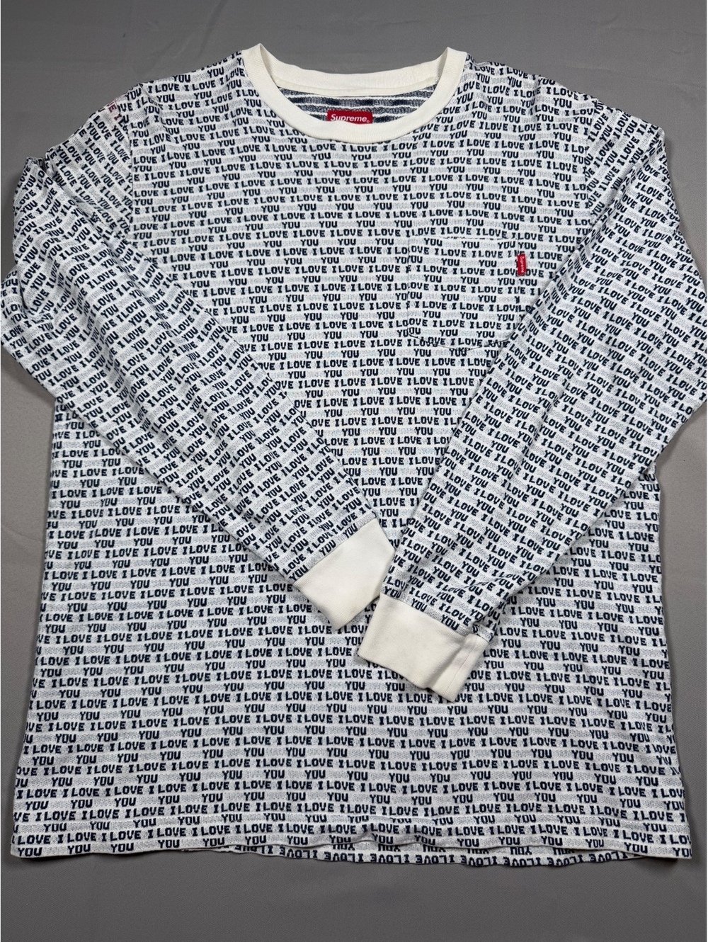 Supreme FW16 I Love You Jacquard L/S Top White Navy Size L